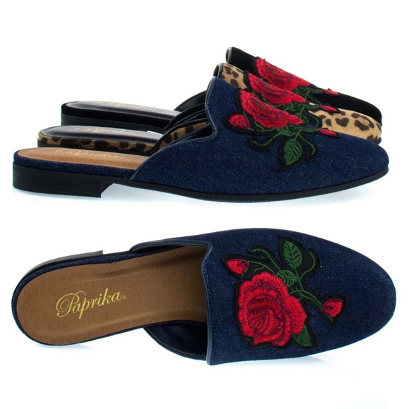 Paprika Shoes - 🌹Paprika Denim Backless Rose Embroidery mules🌹